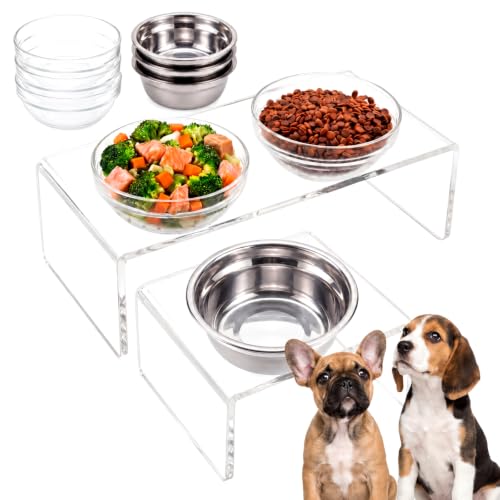 Ferrochef Raised Dog Bowl Stand 3 Bowl Elevated Dog Feeder for Medium Dogs Clear Acrylic Modern Feeding Station with 6 Bowls (Glass & Stainless Steel) Non Slip Supports Better Digestion