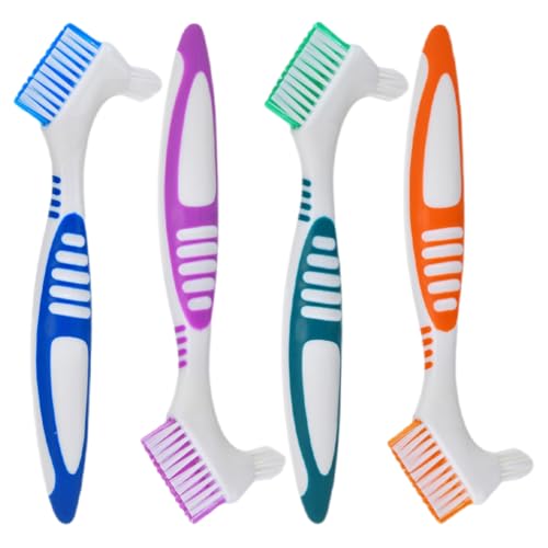 FRCOLOR 4pcs Denture Brush Dual Headed Hard Bristle Toothbrush Double Side Toothbrush for Dentures Retainers Dentist Recommended Denture Cleaners