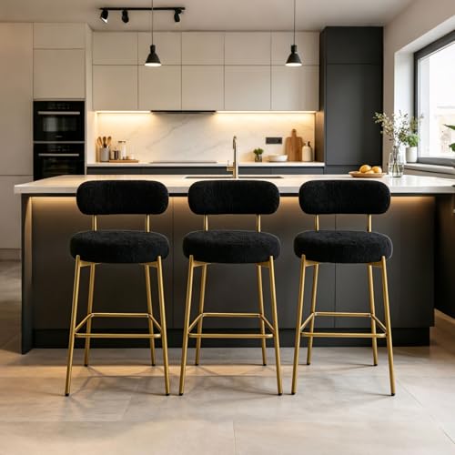 AurnaGle Black Bar Stools Set of 3 Boucle Counter Height Bar Stools 28 Modern Counter Stools with Backs Upholstered Barstools with Gold Legs for Kitchen Island Bar Cafe