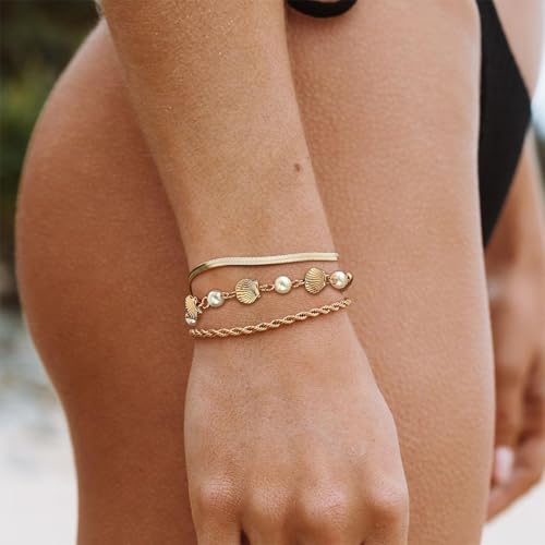 YANCHUN Gold Shell Bracelet Stack Dainty Gold Bracelets Boho Summer Beach Jewelry Halloween Mermaided Costume Accessories for Women2