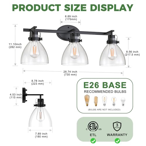 Image of DORESshop 3-Light Black Bathroom Vanity Light Fixture, Modern Wall Mounted Vanity Lighting with Clear Glass Shades - Waterproof & Damp Rated for Bathroom, Powder Room, Dimmable LED Bulb Compatible