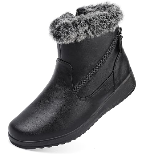 Anproity Womens Snow Boots Leather Winter Shoes Waterproof Comfortable Warm Fur Lined Boots Zipper Fashion Ankle Booties for Women Outdoor Black 7.5