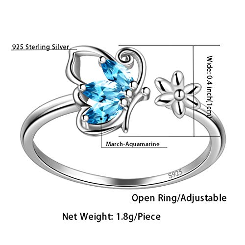 Hipunk Butterfly Blue Rings Bands Statement Birthstone Women 925 Sterling Silver March-Auqamarine Birth Stone Animal Butterflies Adjust Ring Crystal Birthday Jewelry Sr0002M #TOP5