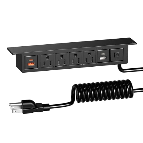 QBA Under Desk Power Strip with USB-C 20W, Desk Mount Outlet with 5FT Spring Cord, 4 AC Outlets...