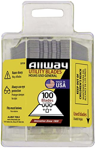 ALLWAY DSP100 3-Notch Utility Knife Blades with Clear Dispenser, Sharp Point, 100 Pack