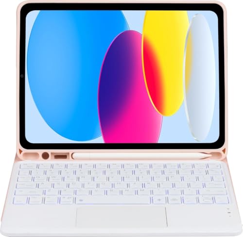 Image of RTSY Keyboard case for iPad A16 (11th) & 10th Gen with Multi Gesture Touchpad & 7-Color Backlit,Multi Viewing Angle,Pencil Slot,Magnetically Detachable Bluetooth Keyboard-Pink /White