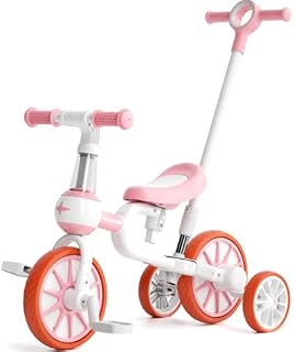 FAYDUDU 5 in 1 Baby Trike with Parent Handle Toddler Tricycle for 2-4 Years Old Kids Balance Bike Birthday Toys for Boys Girls (Pink 2)