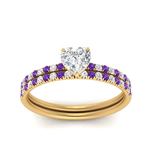 Image of Choose Your Gemstone Pave Petite Ring with Matching Wedding Band Yellow Gold Plated Heart Shape Wedding Ring Sets Minimal Modern Design Birthday Gift Wedding Gift US Size 4 to 12