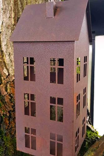 KUHEIGA Windlicht Haus aus Edelrost Höhe 45cm Laterne Lichterhaus Metall