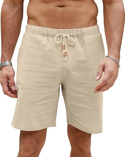 LVCBL Herren Leinen Kurze Hosen Sommer Loose Beach Shorts mit Taschen Khaki M