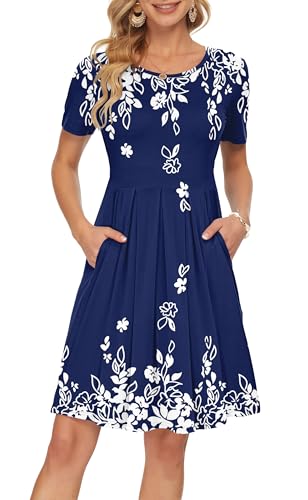 Image of AUSELILY Women's Short Sleeve Pleated Swing Summer Dress with Pockets | Knee-length short sleeve dress, empire waist & pockets, ideal for casual daily wear and vacation