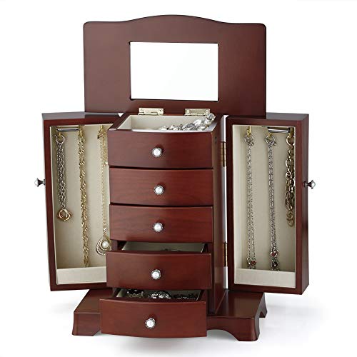 RR ROUND RICH DESIGN Jewelry Box - Made of Solid Wood with Tower Style 4 Drawers Organizer and 2 Separated Open Doors on 2 Sides and Large Mirror Brown - Image 4