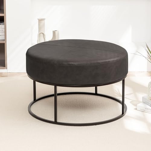 Image of Modern Round Coffee Table, Farmhouse Ottoman for Living Room, Large Vintage Faux Leather Coffee Tables with Leather Upholstered Padded Seat [Round, Vintage Black, 30'']