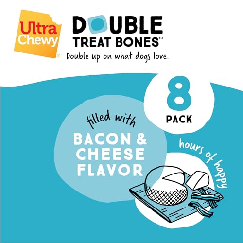 Ultra Chewy Double Treat Bones: Long-Lasting Treats Made in USA for Large and Small Breeds, Highly Digestible, for Aggressive Chewers (Bacon Cheese and Chicken Flavor, 2 Packs)