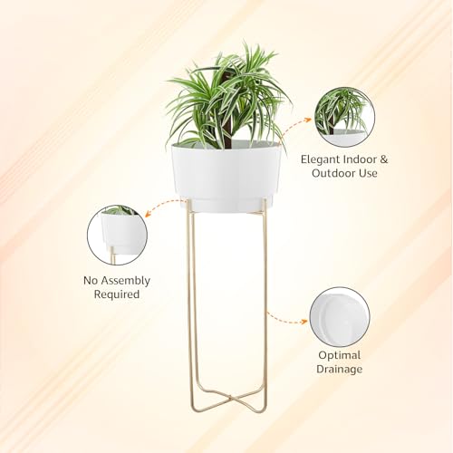 Image of amazon basics Metal Planter Flower Pot with Stand | for Home Decor | (Large) (White and Gold Finish)