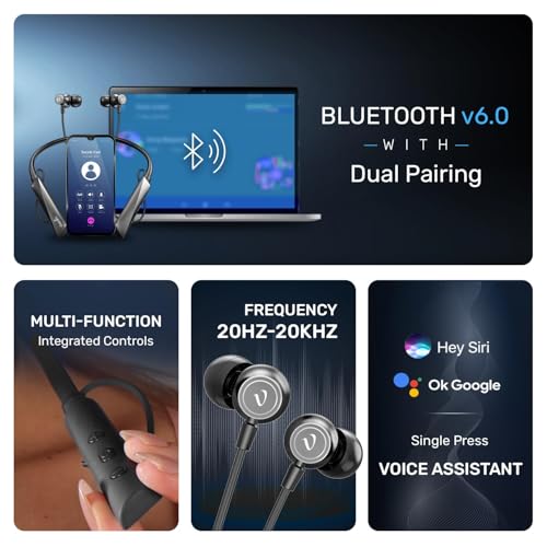 Image of Voods Ultra Plus Voice Changer Neckband with 5 Voice Feature, Vibration Alert & Magnetic On /Off Buds, 130 Hrs Standby time, Dual Pairing, Fast Charging, Flexible Band with IPX6 Rating (Black)