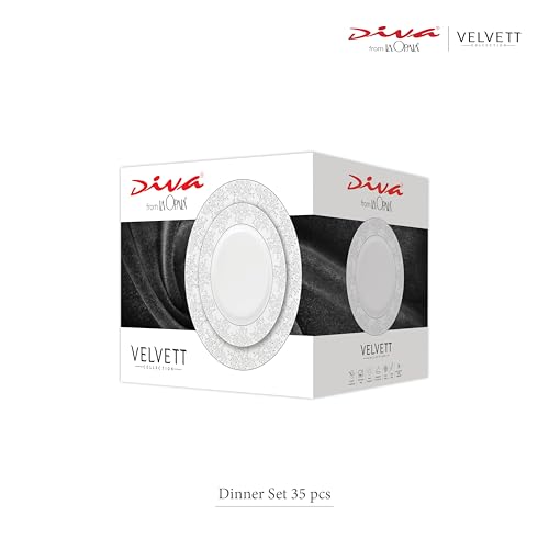 Image of La Opala Diva Velvett Collection Opal Glass Crockery | for Family of 6 | Dinner Set 35 pcs Imperial Grey | Plates & Bowls for Dining | Microwave Safe | 100% Vegetarian | Extra Strong | Light & White