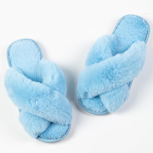 Image of Women's Cross Band Fuzzy Slippers Fluffy Open Toe House Slippers