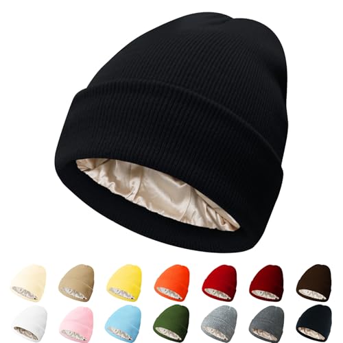 Image of PFFY Winter Beanies Hats Satin Lined Beanie Skull Cap for Women Silk Lining Soft Slouchy Warm Cuffed Hat