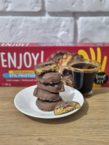 Feel FIT ENJOY! Choco & Peanut, Protein Kekse mit Erdnuss Creme und Erdnüssen in Milchschokolade ohne Zuckerzusatz, Low-Carb & Keto-freundlich Süßigkeiten, Kekse für Diabetiker, Protein Snacks, 96 g