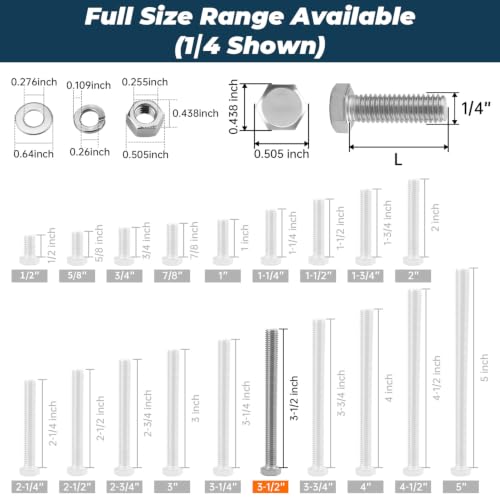 Image of 10 Sets Glvaner 1 /4-20 x 3-1 /2 inch Stainless Steel Hex Head Screws Bolts, Nuts, Flat & Lock Washers, 18-8 (304) Stainless Steel, Full Thread, Coarse Thread