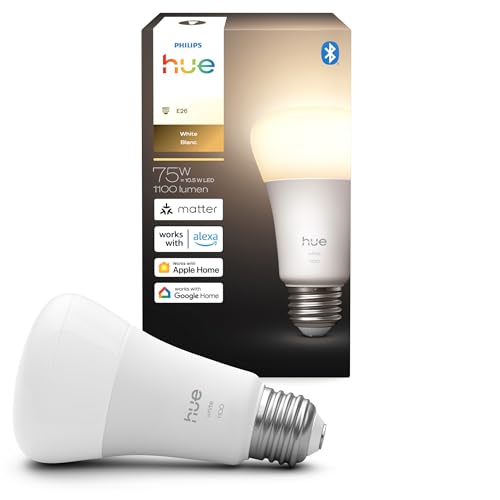 Philips Hue Smart LED A19 Bulb, Warm White Light 2700K, E26 Base, 10.5W, 1100 Lumens, Dimmable, Works with Alexa, Google Assistant, and Apple Home, 1 Pack
