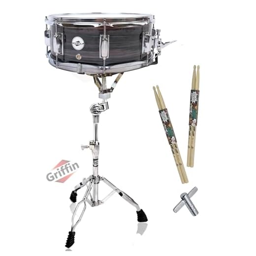 GRIFFIN Wood Snare Drum Kit 14" x 5.5" (PoplarPro Edition) with Stand, 2 Maple Stick Pairs & Key – Percussion Practice Set for All Skill Levels