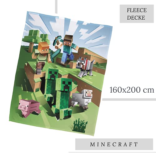 Character World Minecraft Kuscheldecke 160x200 cm - Coral Fleece Decke Minecraft Figuren Fanartikel für Kinder, Jugendliche und Erwachsene - Tagesdecke