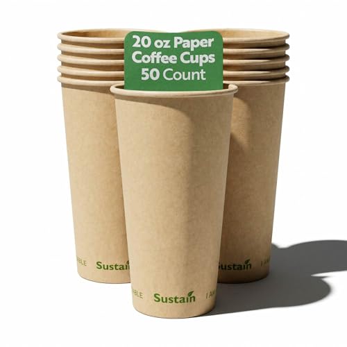 Image of Restaurantware-Sustain 20 Ounce BPI-Certified Hot Cups, 50 Single Wall Coffee Cups - Lids Sold Separately, Leakproof PLA Coating, Compostable Kraft Paper Cups, For Hot Or Cold Drinks