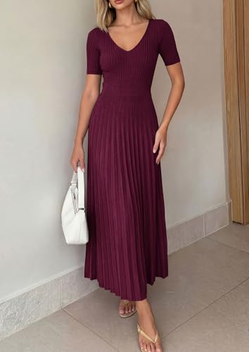 PRETTYGARDEN Women's 2026 Spring Midi Sweater Dresses Elegant Pleated Ribbed Knit Short Sleeve V Neck A Line Summer Outfits (Burgundy,Small) - image 8
