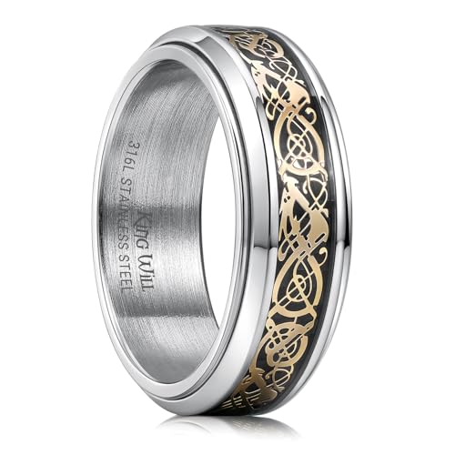 Image of King Will 316L Stainless Steel Spinner Ring for Men Women- 8mm Width Fidget Ring with Dragon /Celtic Knot Pattern, Stress Anxiety Relief Comfort Fit Wedding Band