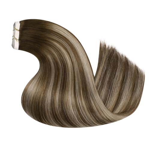 Image of LaaVoo Weft Tape Extensions Ombre Light Brown to Blonde Invisible Tape in Weft Hair Extensions Human Hair 120G Tape in Hair Extensions Balayage Brown Seamless 120G 20inch 4pcs