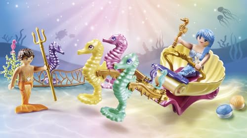 Playmobil 71500 Calèche avec sirènes et hippocampes Princess Magic Comprend Deux Personnages Une calèche des Coquillages Qui se fixent sur la Baignoire et des hippocampes Dès - vue 2