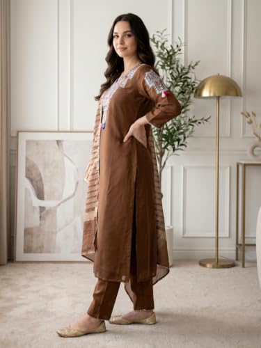 Image of Naixa Women's Pure Cotton Embroidered Straight Kurta with Pant and Dupatta Sets for Wedding and Festival Wear