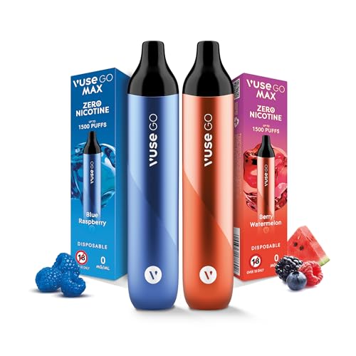 VUSE GO MAX Pack of 2, 1500 Puffs Per Device, Zero Nicotine, Disposable Vapes, Berry Watermelon and Blue Raspberry Flavour, Ready to use eCigarette with 4.8ml of 0Mgs of Nicotine Pre-filled e-Liquid