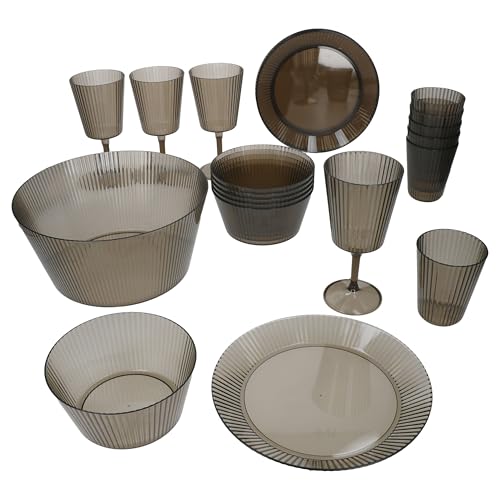 MamboCat Togo Service de vaisselle de camping 23 pièces gris I Set combiné en plastique I Assiettes, bols, verres à vin et à eau I Extérieur & camping-car