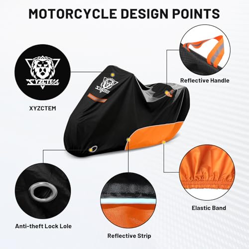 Image of XYZCTEM Motorcycle Cover All Season Waterproof Outdoor Protection | Fit up to 116 Inch Tour Bikes, Choppers and Cruisers - Protect Against Dust, Debris, Rain and Weather (Black and Orange)