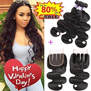AMZTMY Brazilian Body Wave 3 Bundles with Closure 8A 100% Unprocessed Virgin Human Hair Bundles with 4×4 Lace Closure Hair Weave Extensions Natural Black Color (10 12 14+10 Three Part)