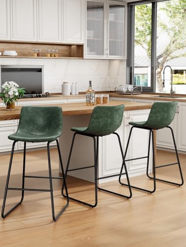Image of REONEY Bar Stools Set of 3, 26 inch Urban Faux Leather Counter Stools, Green