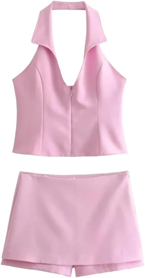 Women's deep V-neck backless shirt style, hanging neck, sweet and sexy hanging collar top, skirt and pants set