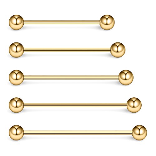 Ruifan 5PCS 16 Gauge Mix Sizes Industrial Barbell Cartilage Earring Body Piercing Jewelry 28mm 32mm 35mm 38mm 40mm - Gold