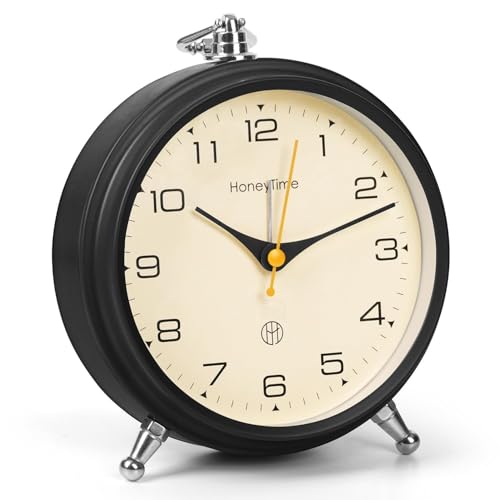 Image of JASIFS Honeytime Metal 13-cm-Long Alarm Clock Wall Clock Table Clock for Study Analog Silent Vintage Clock, Alarm Clock for Heavy Sleepers at Home Office Bedroom-Black