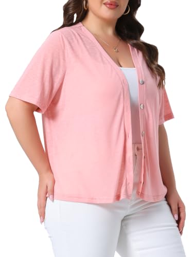 Image of Agnes Orinda Plus Size Cardigan for Women Button Down Sheer Round Neck Short Sleeve Knitted Sweater