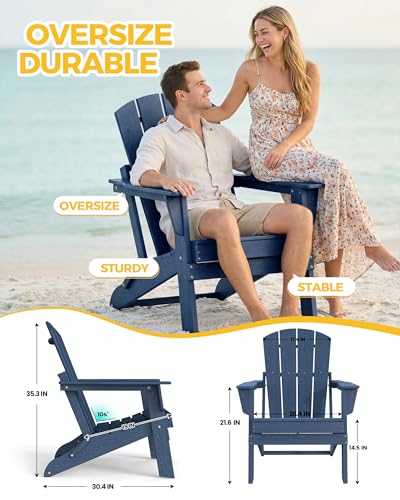 Image of Folding Adirondack Chair Set of 2, Lightweight - Portable HDPE Patio Chair, All-Weather Space-Saving Foldable Fire Pit Seating for Camping, Backyard, Deck-Navy Blue
