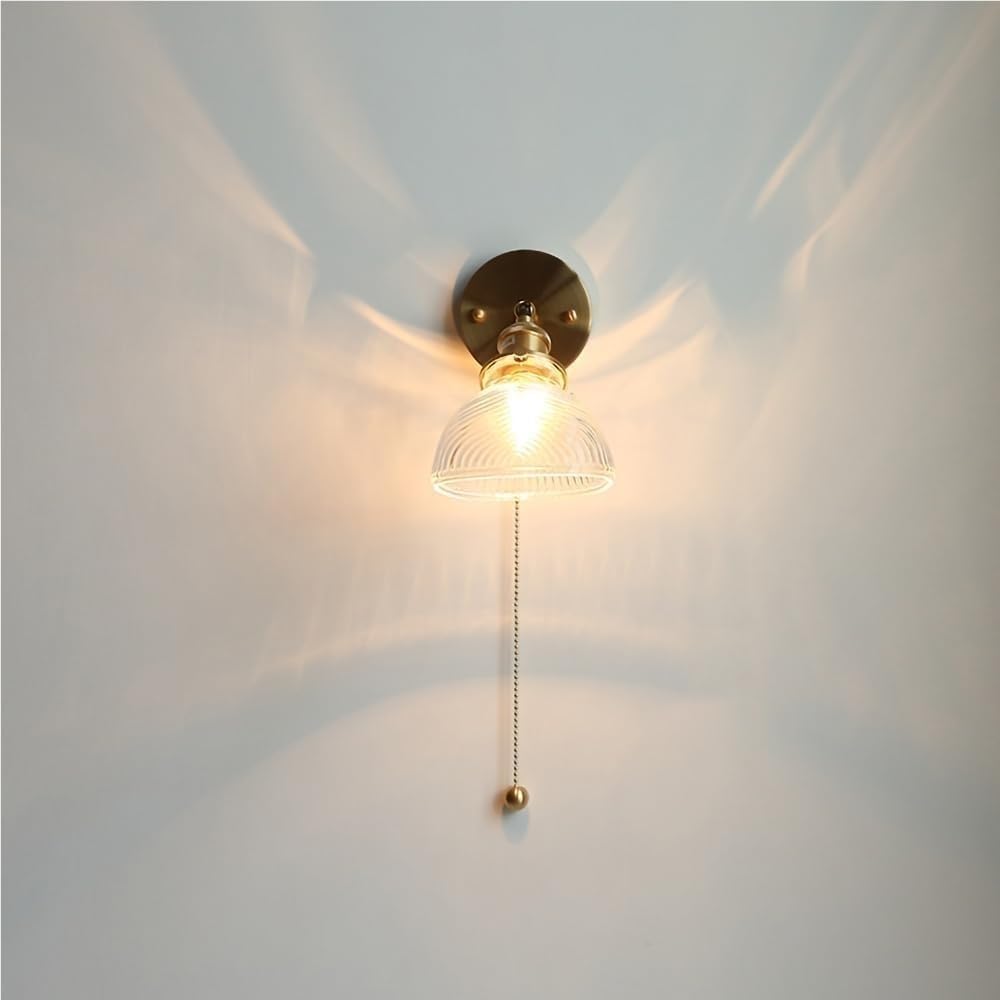 Applique da Parete in Ottone Anticato Vintage con Vetro Rigato, Interruttore a Catena cablato, Braccio Regolabile, Lampada da Parete per Isola Cucina, Camera da Letto, Soggiorno, Sala da Pranzo,
