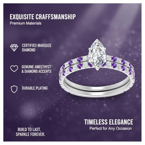 Image of Choose Your Gemstone Three Quarter Diamond CZ Gallery Bridal Ring Set 925 Sterling Silver Marquise Shape Wedding Ring Sets for WomenUS Size 4 to 12