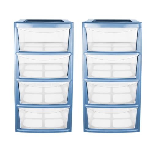 simpa Mini Plastic 4 Drawer Tower Storage Unit - Cornflower Blue Gloss Finish, Set of 2 Units - 40cm (H) x 19cm (W) x 25.5cm (D)
