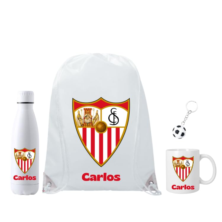 Genérico Escudo Sevilla FC - Personalizado con Nombre - Regalo del Sevilla FC para los Fans - Mochila+ botella700ML + Taza cerámica350ML - Llavero Pelota (Sevilla FC)