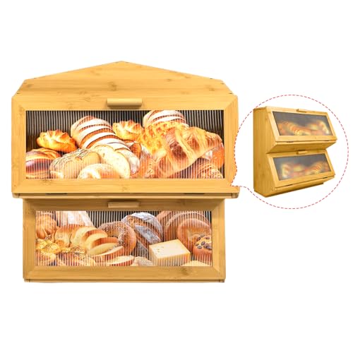 SRRUI Double Corner Bread Box Storage for Kitchen Countertop. Extra Large Bamboo Bread Boxes. Double Layer Bread Bin for Kitchen Countertop Cabinet.
