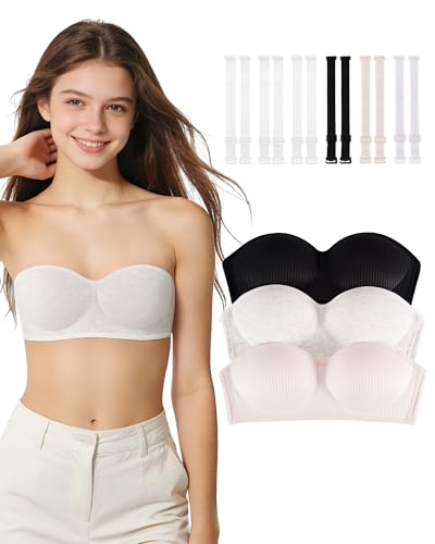 Due Felice Girls Strapless Bra for Teens Girls Bandeau Bras 10-12 12-14 14-16 with Clear Bra Straps Wireless Kids Tube Top Seamless Training Bra (US Numeric 32 Regular Black/Light Grey/Pink)
